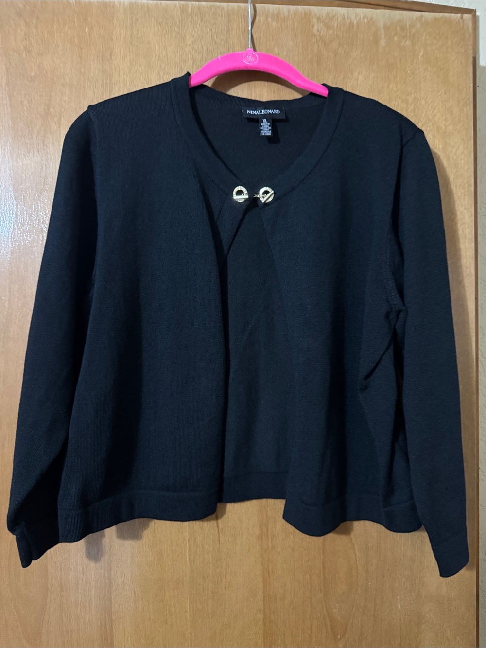 Nina Leonard Black Open-Front Cardigan with Gold Clasp